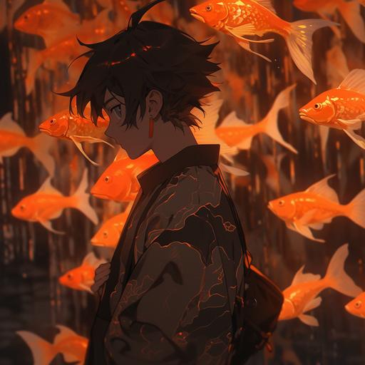 anime boy, gold koi fish, black koi fish, white koi fish, orange, glowing, neon, koi fish --niji 5