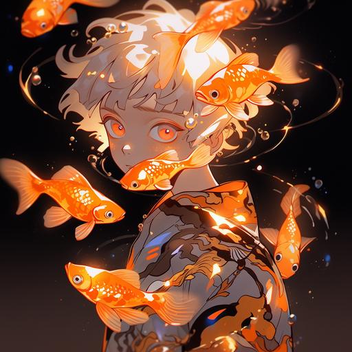 anime boy, gold koi fish, black koi fish, white koi fish, orange, glowing, neon, koi fish --niji 5