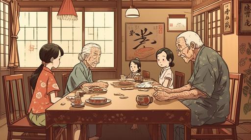 anime cartoon of a family a euopean grandad his son his grand daughter and grandson and Japanese daughter in law sitting around a table in a traditional japanese restaurant in Kyoto --ar 16:9 --v 5.0 --s 250