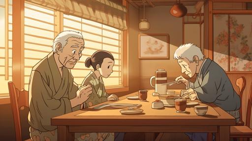 anime cartoon of a family a euopean grandad his son his grand daughter and grandson and Japanese daughter in law sitting around a table in a traditional japanese restaurant in Kyoto --ar 16:9 --v 5.0 --s 250