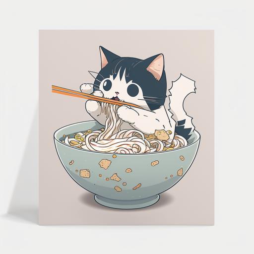 anime cat eating ramen bowl white background