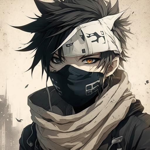 anime character with a half white and half black mask and a smile, wearing a black and white scarf --s 750