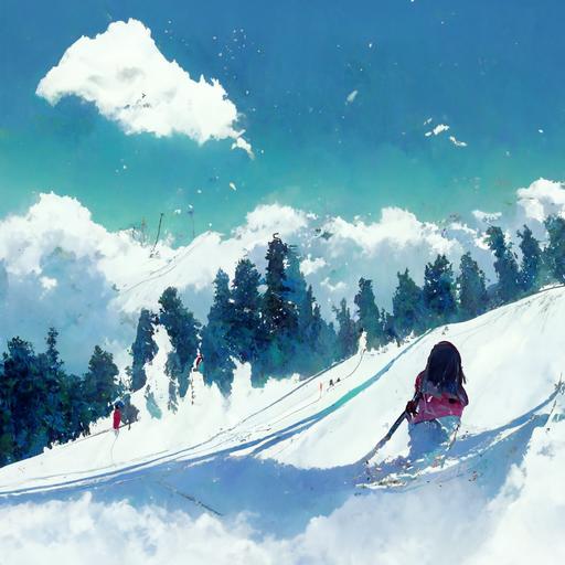 anime cute girls snowboarding, japanese mountains, anime style, manga