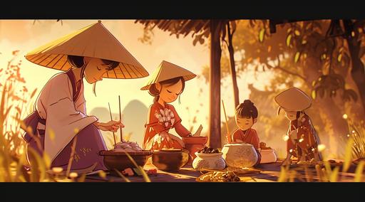 anime film animated kids bento food animated video clip, in the style of soft brushstroke realism, traditional vietnamese, backlit photography, patrick brown, digitally enhanced, brothers hildebrandt, harmony with nature --ar 128:71 --s 50 --v 6.0