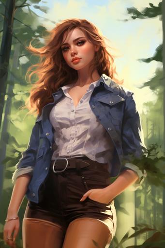 anime girl, brown hair, denim jacket, white shirt, in a forest background, wlop style