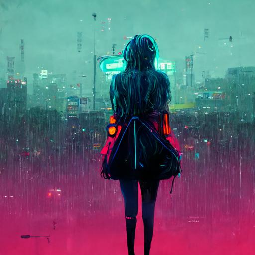 anime girl, cyberpunk, neon signs, rainy weather