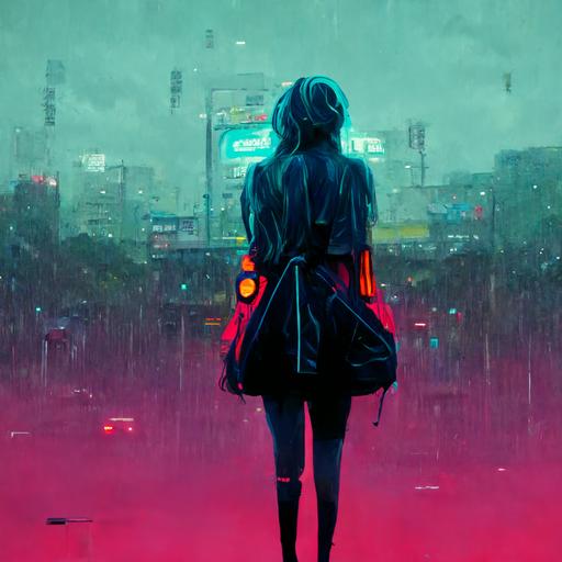 anime girl, cyberpunk, neon signs, rainy weather