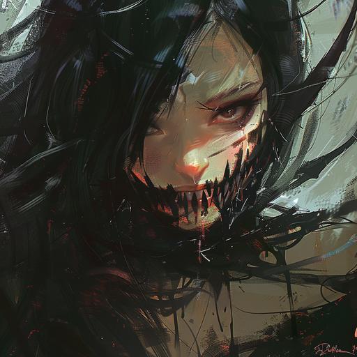 anime girl half the face of a monster with long fangs, forged nails sticking out of the head, dynamic movement, dark art, horror, torso, illustation style, manga inspired
