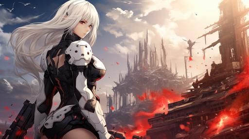 anime girl in white and black exosuit, only one hand is visible, white hair, red eyes, head is turned towards big enemy castle, in the background are starships fighting, rebel army, anime cartoon style, --ar 16:9