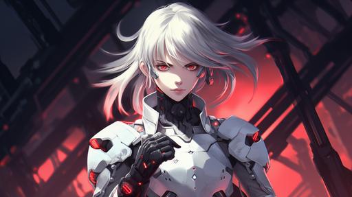 anime girl in white and black exosuit, only one hand visible that has claws, white hair, red eyes, rebel army, anime cartoon style, --ar 16:9