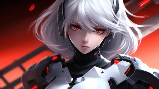 anime girl in white and black exosuit, only one hand visible that has claws, white hair, red eyes, rebel army, anime cartoon style, --ar 16:9