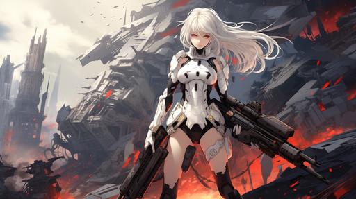 anime girl in white and black exosuit, whole body is visble, holding an assault rifle in one hand, white hair, red eyes, head is turned towards big enemy castle, in the background are starships fighting, rebel army, anime cartoon style, --ar 16:9