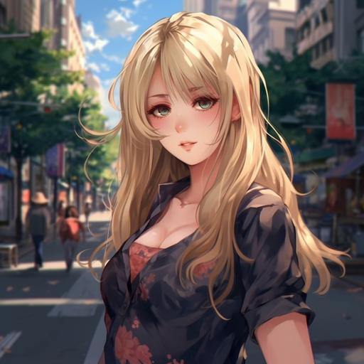sexy anime girl, long, blonde hair, chubby, looks very confidently