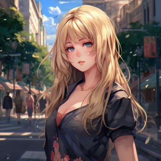 sexy anime girl, long, blonde hair, chubby, looks very confidently
