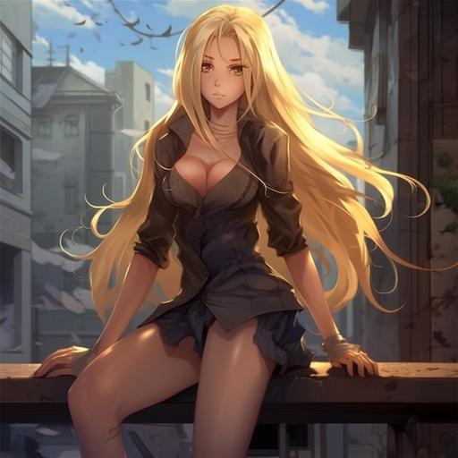 sexy anime girl, long blonde hair, chubby, looks very confidently, full body
