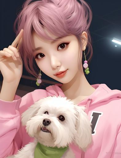 anime girl tie her hair into a bun light brown color with star shape hair clip in a pink shirt and light green sweatshit sitting down next to a maltese dog holding a peace sign, in the style of niji5, 32k uhd --ar 147:191