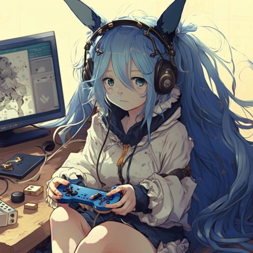 anime girl with long blue hair wearing hoodie with rabbit ears playing with a PS4 controler