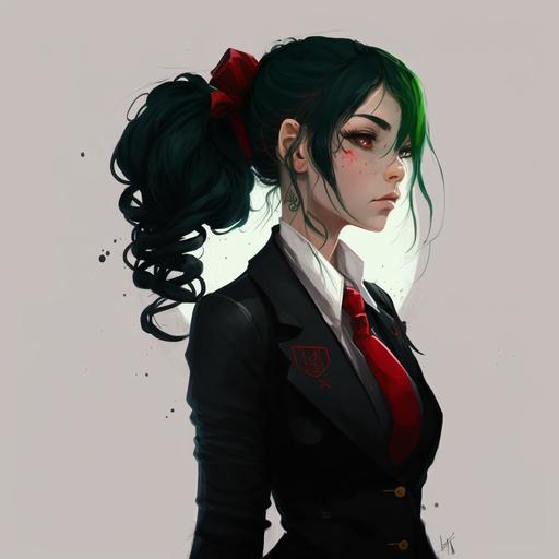 anime girl with pigtails black green hair arcane series style in a black suit with red tie tattoo