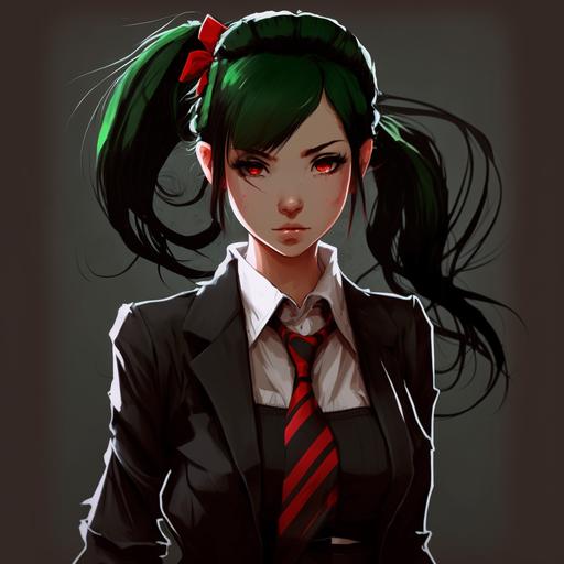 anime girl with pigtails black green hair arcane series style in a black suit with red tie tattoo