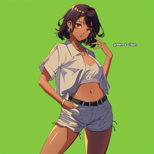 anime goddess with tight shorts, and white shirt, talking casual, on 