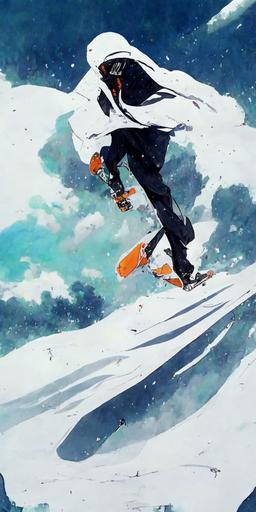 anime, guy snowboarding, bleach style, snow --ar 1:2