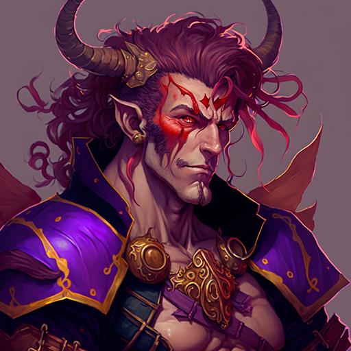 anime hasubando handsome muscular dnd tiefling bard with red skin, crooked yellow horns, purple flowing hair and small beard, anime character, detailed, vibrant, anime face, sharp focus, character design