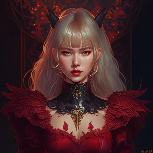 anime lalisa as a devil queen in red leather and lace bodysuit dress and red lips