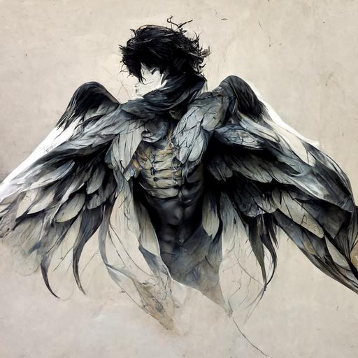 anime, male fallen angel in action pose, intricate shading, higher resolution, detailed lighting, painterly, detailed face, chisled jaw, dark wavy hair