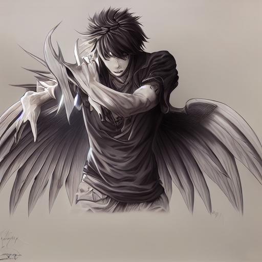 anime, male fallen angel in action pose, intricate shading, higher resolution, detailed lighting, painterly, detailed face, chisled jaw, dark wavy hair --test --creative