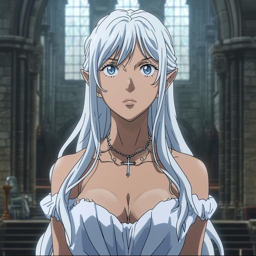 anime-manga screengrab depicting 21-year-old female elf with white hair and light waves, a straight hairstyle, blue eyes, and an upturned nose. She is wearing a lucid white dress that is worn by a priestess, with a small cross in the middle of her necklace, looking at the viewer, in the style of manga artist Musashi Kishimoto --v 6.0 --s 250 --style raw