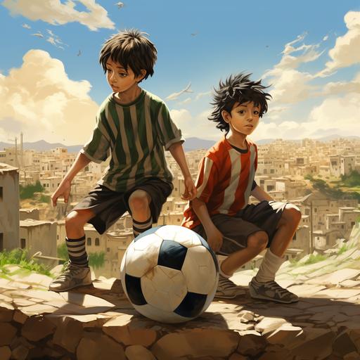 anime picture of two boys playing with soccer ball, one boy is Israelian and the other is palestinian--s 250