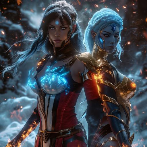 anime realism twin fire and ice ultra HD trifrost female warrior and bifrost mortal kombat genie female warrior — chaos 100 --v 6.0 --s 1000