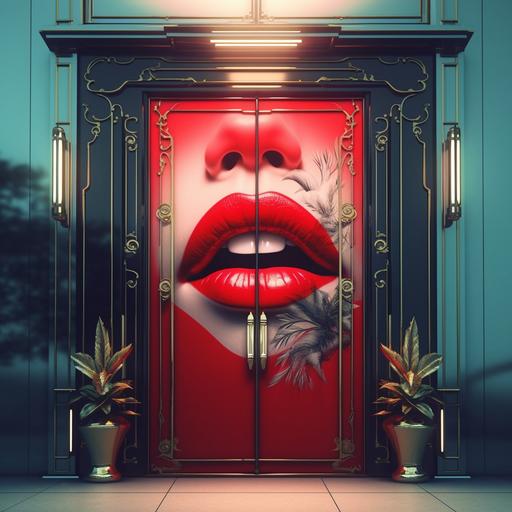 anime red lips on a door of a building, futuristic font, smoke, cannabis theme,