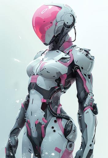 anime saiyo female in amphibian armour, in the style of cyberpunk, colorful costumes, silver and pink, mecha anime, mixed media marvel, feminine body, dark white and silver --ar 11:16 --v 6.0