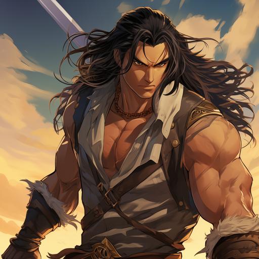 anime style art - a rugged, sun-kissed male with a Tarzan-esque aura crossed with Conan the Barbarian. He sports loose vest. Beneath his untamed charm is evident in long, black hair streaked with light gold, casually tied in a ponytail. With a firm grip, he brandishes an intricately detailed giant sword, its craftsmanship reflecting both power and elegance. Set against a celestial canvas, the backdrop features enchanting magic-infused northern lights, weaving a tapestry of vivid hues that illuminate the warrior's heroic silhouette, creating a truly immersive and otherworldly visual experience. In the painting,