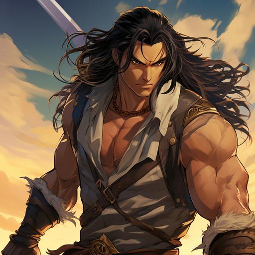 anime style art - a rugged, sun-kissed male with a Tarzan-esque aura crossed with Conan the Barbarian. He sports loose vest. Beneath his untamed charm is evident in long, black hair streaked with light gold, casually tied in a ponytail. With a firm grip, he brandishes an intricately detailed giant sword, its craftsmanship reflecting both power and elegance. Set against a celestial canvas, the backdrop features enchanting magic-infused northern lights, weaving a tapestry of vivid hues that illuminate the warrior's heroic silhouette, creating a truly immersive and otherworldly visual experience. In the painting,