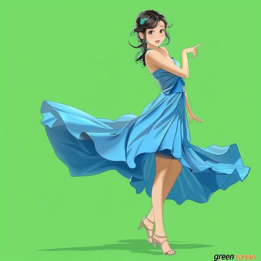 anime style attractive asian woman, blue Vinicunca dress, playful talking, 