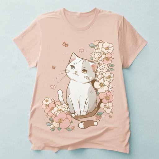 anime style cat, small flowers, cute , thin, pink, white, 6 color, y2k, girly, t-shirt print