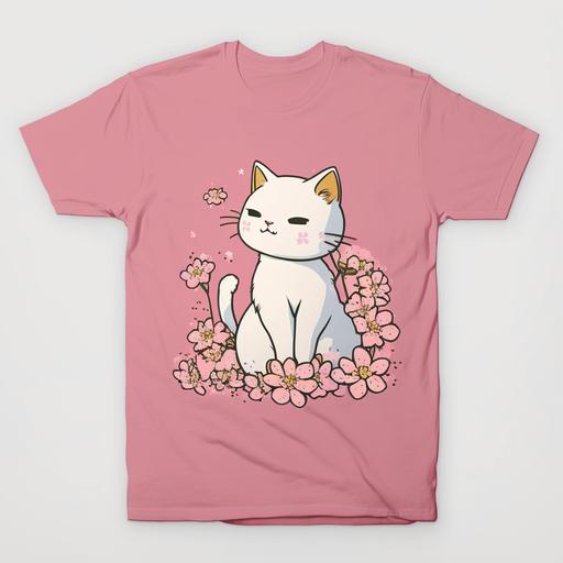 anime style cat, small flowers, cute , thin, pink, white, 6 color, y2k, girly, t-shirt print