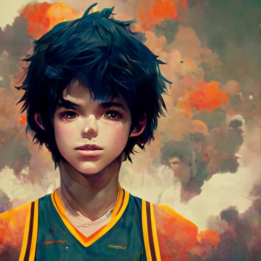 anime style high school boy, plays basketball against monsters