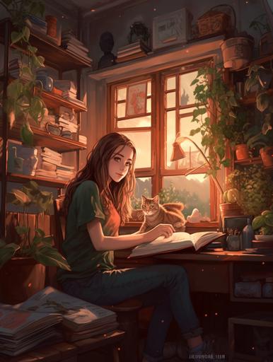 anime style, lofi study girl, as white eastern european girl, very long light brown hair, green eyes, writing in a journal, sitting in front of a desk with cosy clutter and a turned on lamp as only light source, wearing overear headphones, in a very cozy room, big window in the background, cat lounging on the windowsill, plants in the room, 8k --ar 3:4 --q 2 --s 250 --v 5