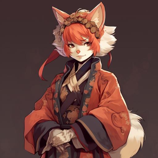 anime style older female human with Red Panda ears and tail dressed in medieval clothes