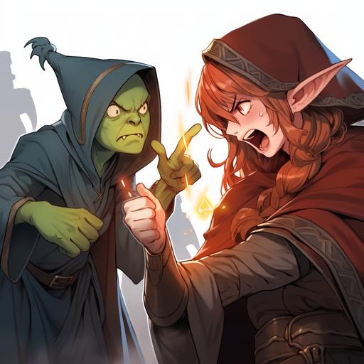 anime style, small goblin with green skin points finger accusingly while arguing comedically with a red haired elven mage, tiny robed Goblin mage makes fun of cute female elf sorceress, diminutive goblin in mage robes debates with red haired elf that has golden eyes, male Goblin with green skin argues in a funny way with pretty female elf with golden eyes, squat Goblin mage in full robes stomps behind an cute and angry female elf with red hair, Arguing, argument, angry, cute, funny, Full Body Hero, Full view, bright sunlight, unreal render, ultra realistic digital art, hyper realistic, 150 mm lens, soft rim light, octane render, unreal engine, volumetric lighting, dramatic light, 8k, neon ray tracing, path tracing, volumetric light, optix Cinematic post processing, cinema4d, octane render, optix, volumetric fog, global illumination, photorealism, post processing Photoshop, --niji 5