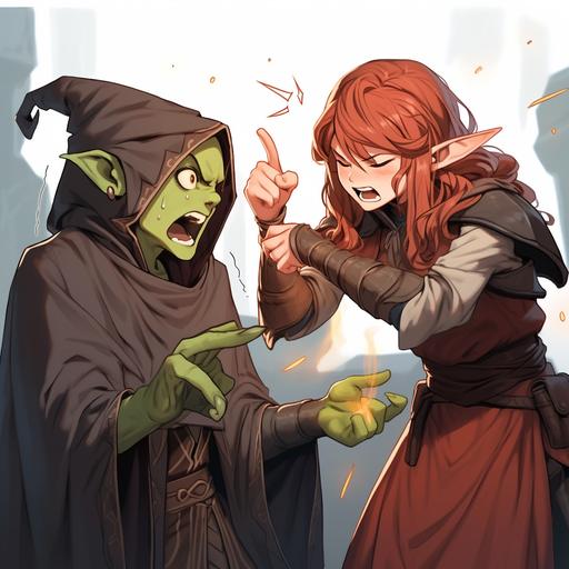 anime style, small goblin with green skin points finger accusingly while arguing comedically with a red haired elven mage, tiny robed Goblin mage makes fun of cute female elf sorceress, diminutive goblin in mage robes debates with red haired elf that has golden eyes, male Goblin with green skin argues in a funny way with pretty female elf with golden eyes, squat Goblin mage in full robes stomps behind an cute and angry female elf with red hair, Arguing, argument, angry, cute, funny, Full Body Hero, Full view, bright sunlight, unreal render, ultra realistic digital art, hyper realistic, 150 mm lens, soft rim light, octane render, unreal engine, volumetric lighting, dramatic light, 8k, neon ray tracing, path tracing, volumetric light, optix Cinematic post processing, cinema4d, octane render, optix, volumetric fog, global illumination, photorealism, post processing Photoshop, --niji 5