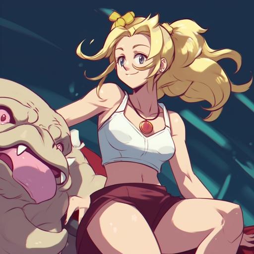 anime style strong gwen stafani riding a hairy hippo, blonde hair, white tank top studio ghibli, bright lighting, lots of details, --v 5