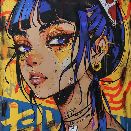 anime style woman face mixed with mexican hand painted sign lettering
