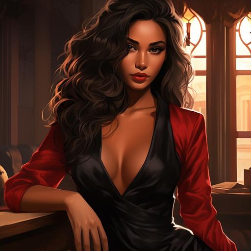 anime style. Woman with dark tan skin. Latina. She has brown eyes. Dark long brown hair. Red dress. Mafia. soft features. cool tones. black and red accents.