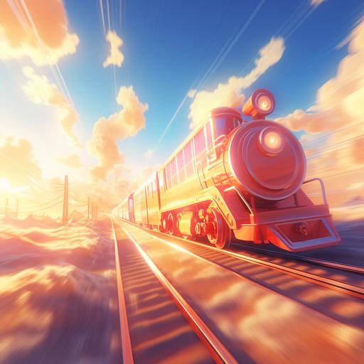 anime-style,train run,3D render,cartoon,blurry horizon,warm color