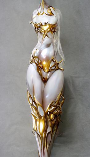 anime touched, high detailed, gold, white silver haired, ruby eyes, luxurious, clavicle, axil, femoral region, ancle, metalic slime statue simulate the elf princess, bikini armor, --ar 9:16