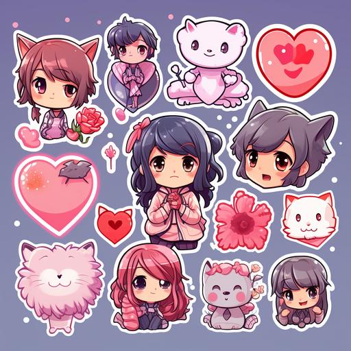 anime valentines stickers hearts, flowers & cute animals